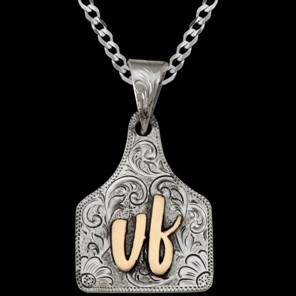 Jersey Cow, This ear tag pendant has a German Silver base that has beautiful hand engravings throughout the entire base on the front and back. Customize it with your c